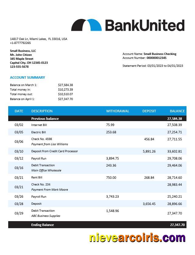 BankUnited enterprise account statement